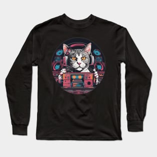 Retro funky feline music cat dj Long Sleeve T-Shirt